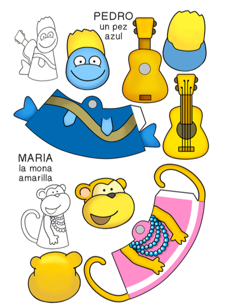 Finger puppet printable of Pedro the blue fish and María the yellow monkey